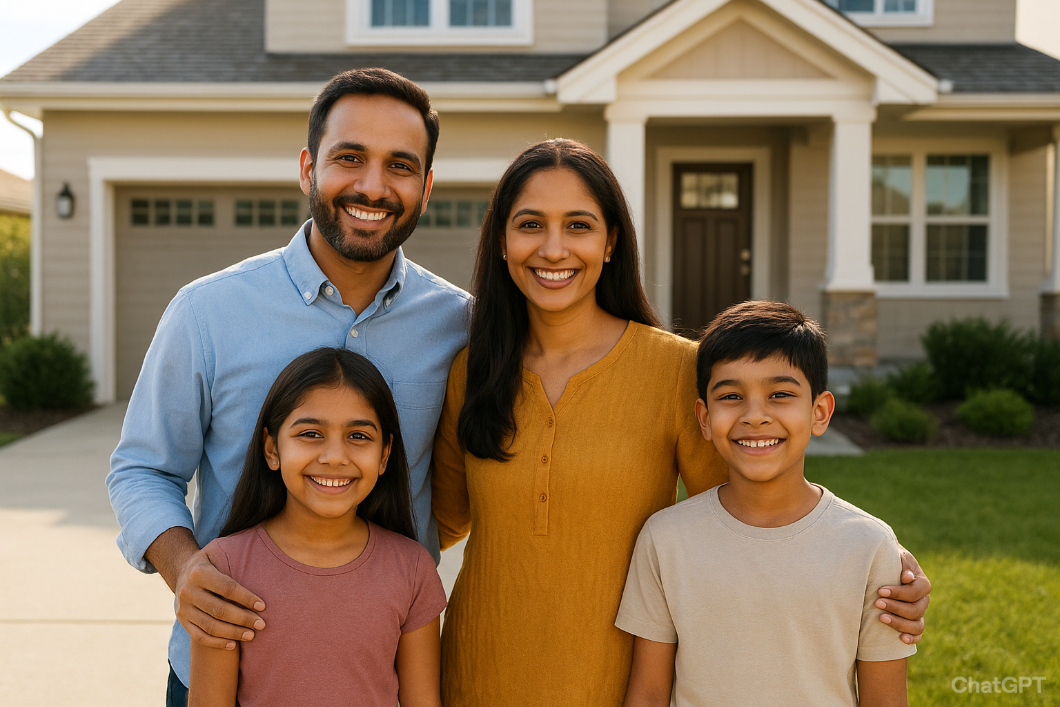 Happy family in front of their dream home